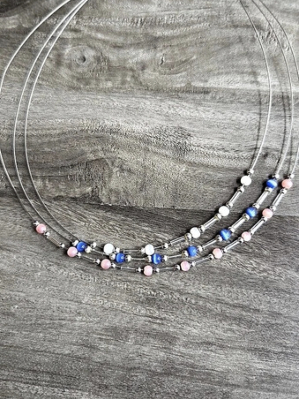 Beaded Layered Necklace in Silver & Blue Like New